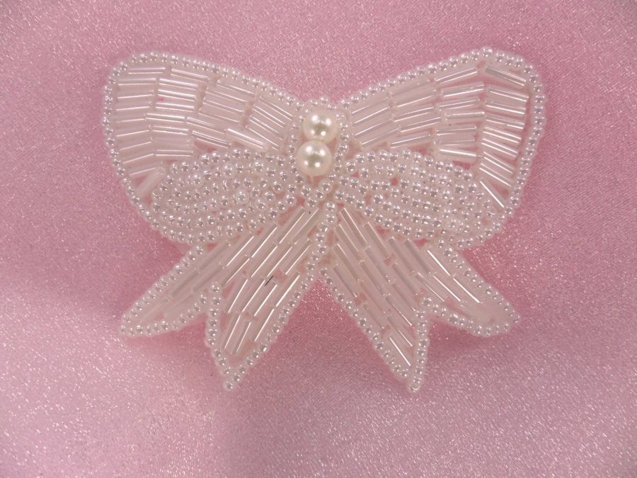 Bow Applique White Satin Pearl Beaded Patch 2.5 F34