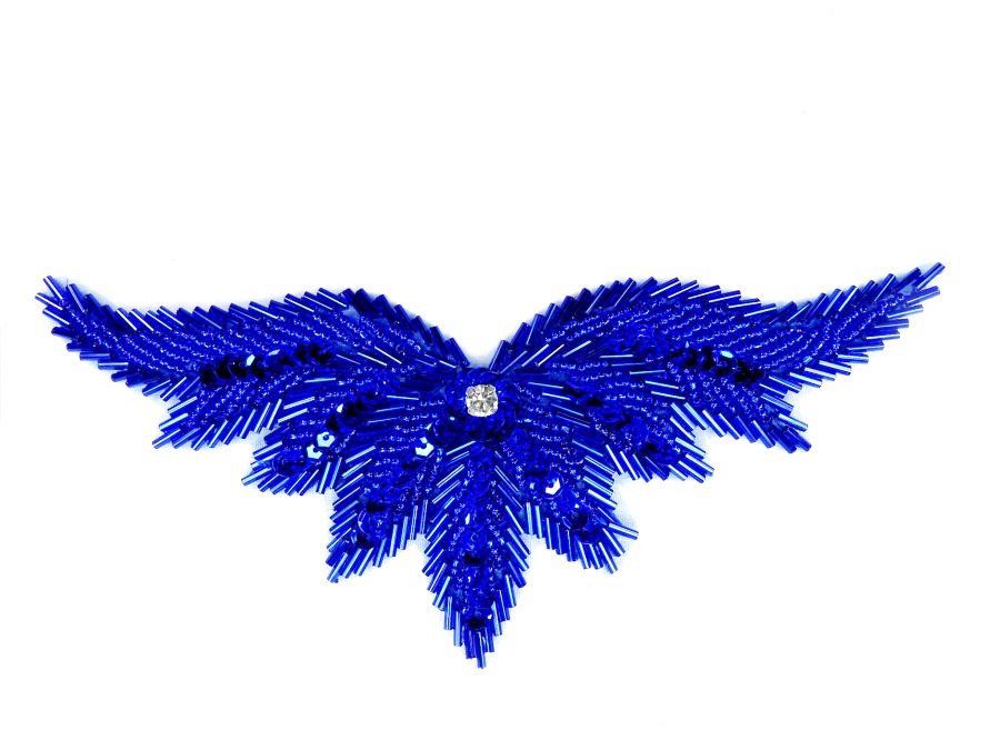 High Quality Sequin Bugle Beaded Applique Royal Blue Crystal Rhinestone Center Clothing Patch Motif 0084