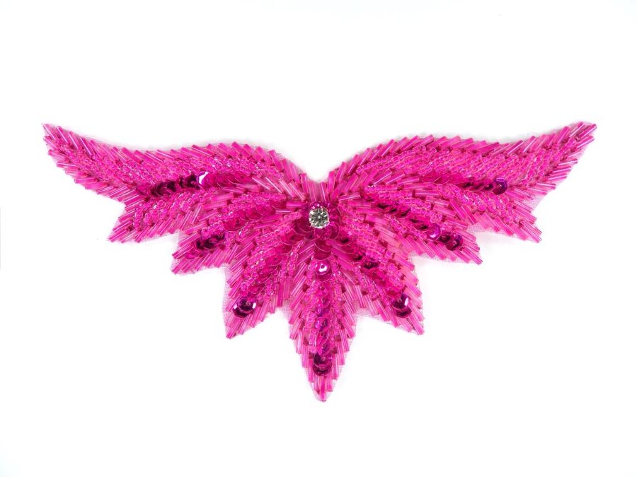 High Quality Sequin Bugle Beaded Applique Fuchsia Crystal Rhinestone Center Clothing Patch Motif 0084