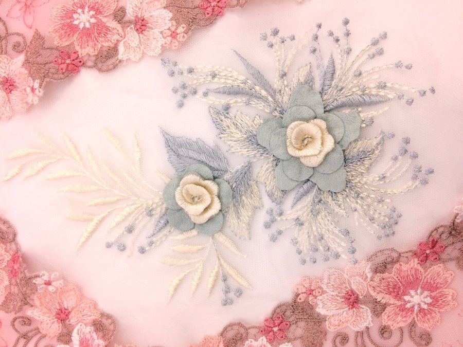 Beautiful 3D Embroidered Applique Light Blue Ivory Floral Venice Lace 8 BL153