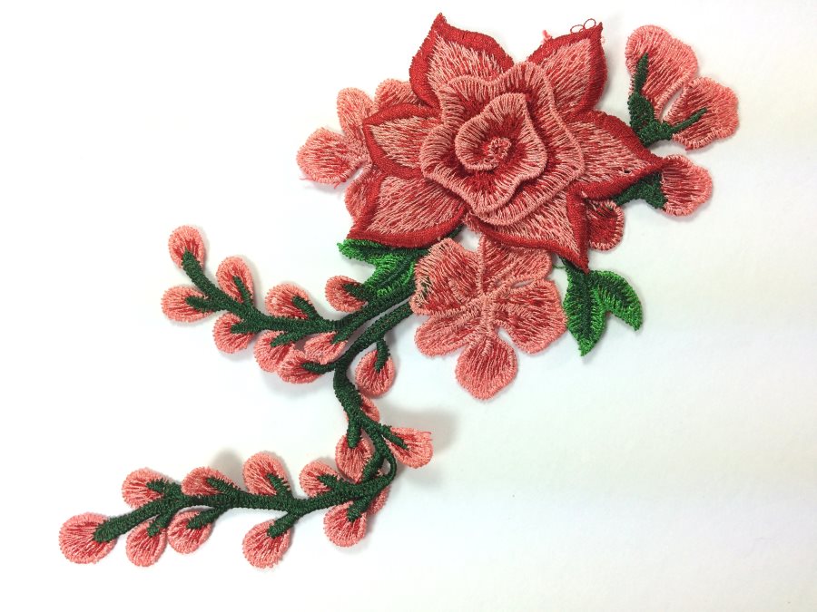 3D Embroidered Applique Red Pink Single Floral Vine Sewing Supply Clothing Patch 9 BL160