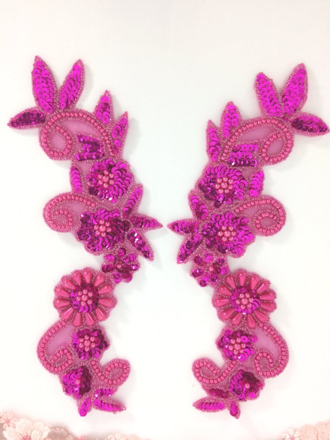 Mirror Pair Applique Fuschia Floral Sequin Beaded Patch 10 (0183X)