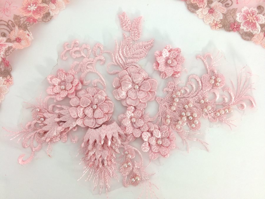 3 Dimensional Embroidered Lace Applique Pink Floral 12 BL155