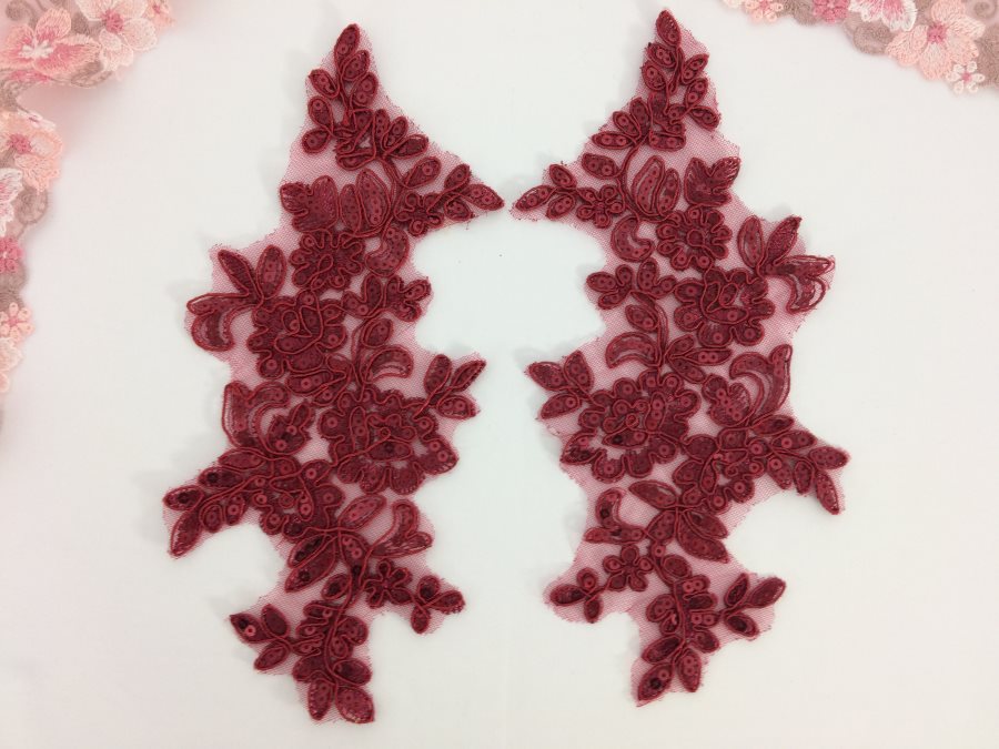 Sequin Embroidered Venice Lace Appliques Burgundy Floral Mirror Pair 10 (BL156X)