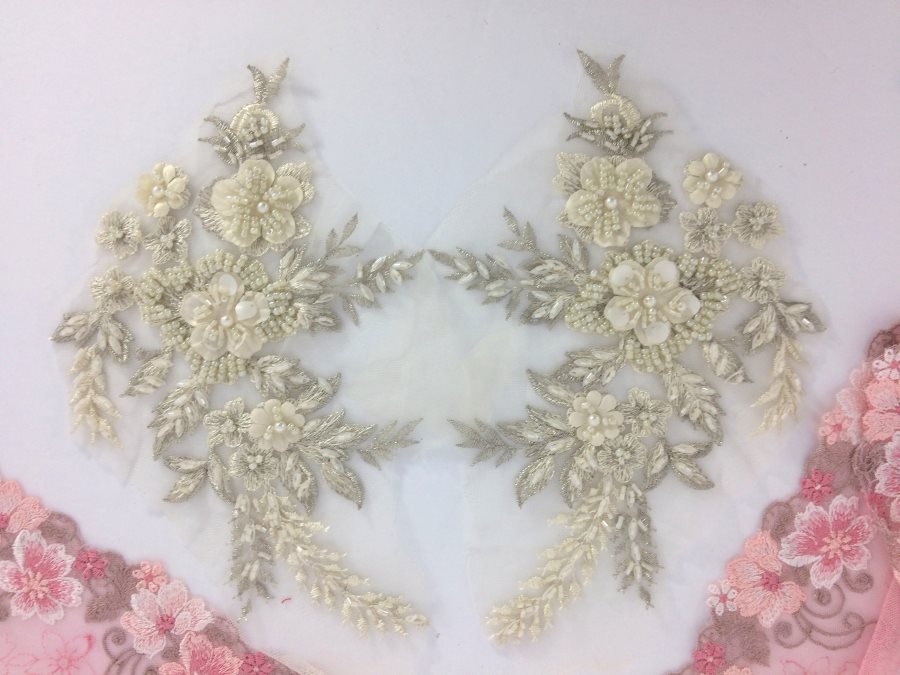 Appliques Beaded Floral Venice Lace Champagne Mirror Pair Sequin Patch 11 (BL157X)