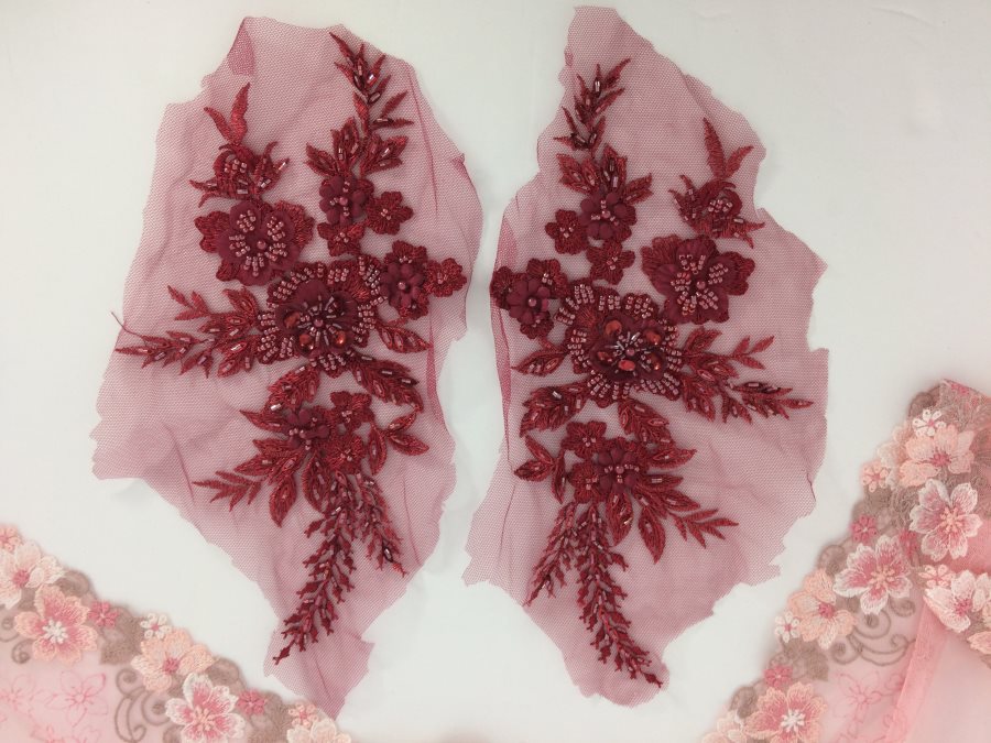 Appliques Beaded Floral Venice Lace Brick Red Mirror Pair Sequin Patch 11 (BL157X)
