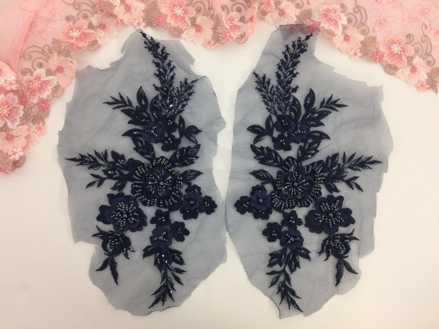 Appliques Beaded Floral Venice Lace Navy Mirror Pair Sequin Patch 11 (BL157X)