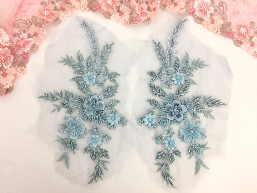 Appliques Beaded Floral Venice Lace Light Blue Mirror Pair Sequin Patch 11 (BL157X)