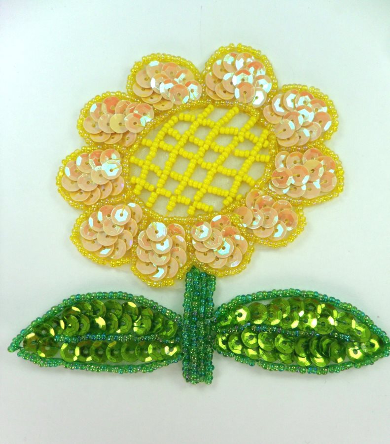 Flower Applique Sunflower Sequin Beaded Patch 4.75 F47