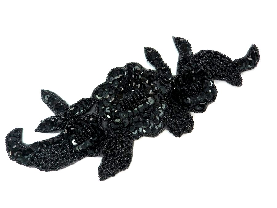 Flower Applique Black Sequin Beaded Patch 8 F45