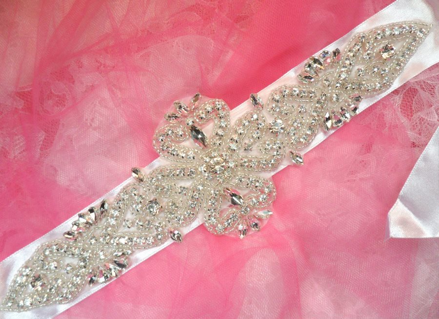 Bridal Sash Crystal Rhinestone Silver Setting On White Satin Double Face Ribbon (BSZ13)