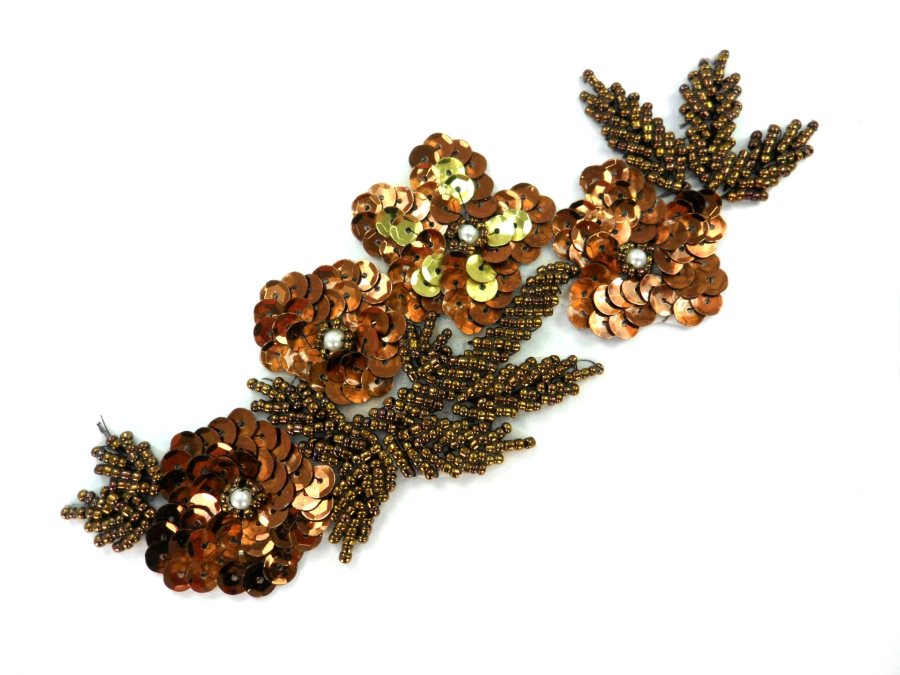 Flower Applique Bronze Gold Sequin Beaded Patch 7 F39