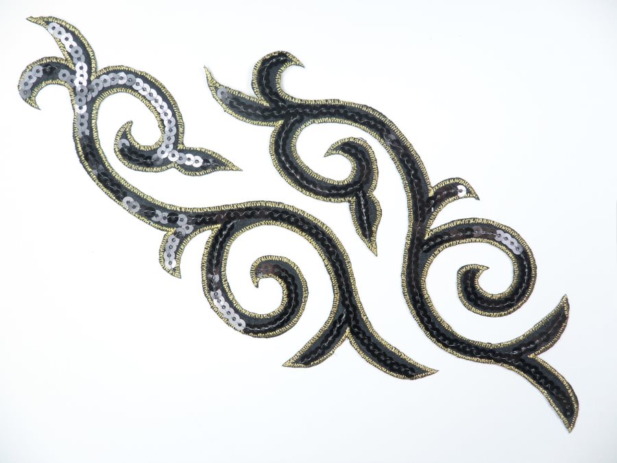 Sequin Embroidered Appliques Black Gold Designer Mirror Pair Iron on 9 (GB505X)