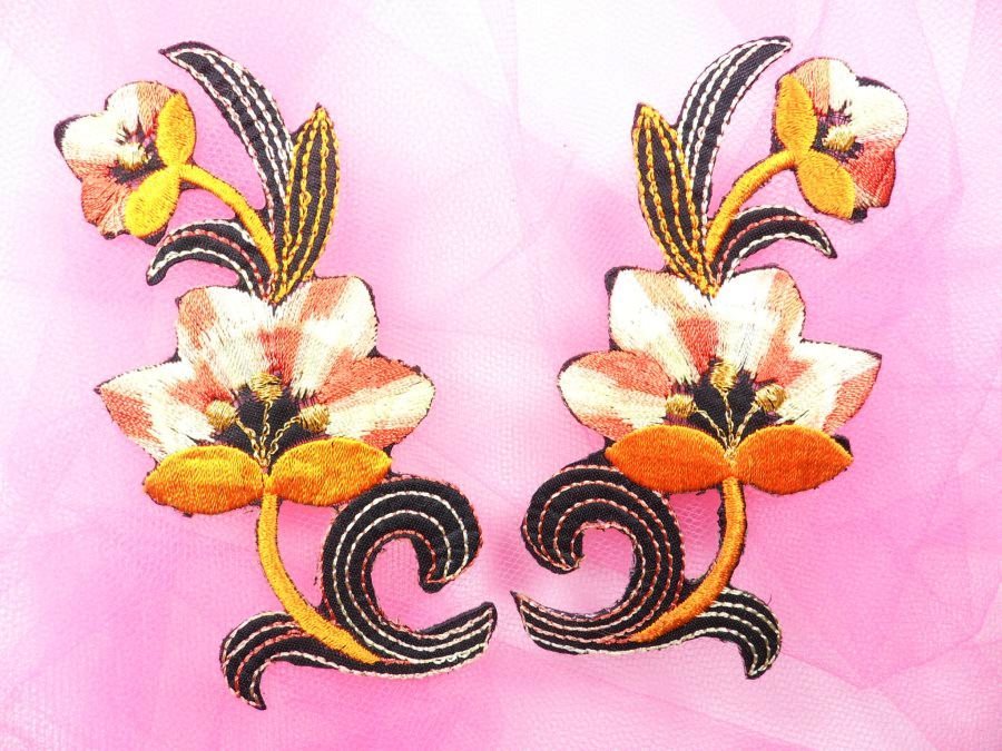 Orange Yellow Embroidered Appliques Floral Mirror Pairs 3.75 GB696X