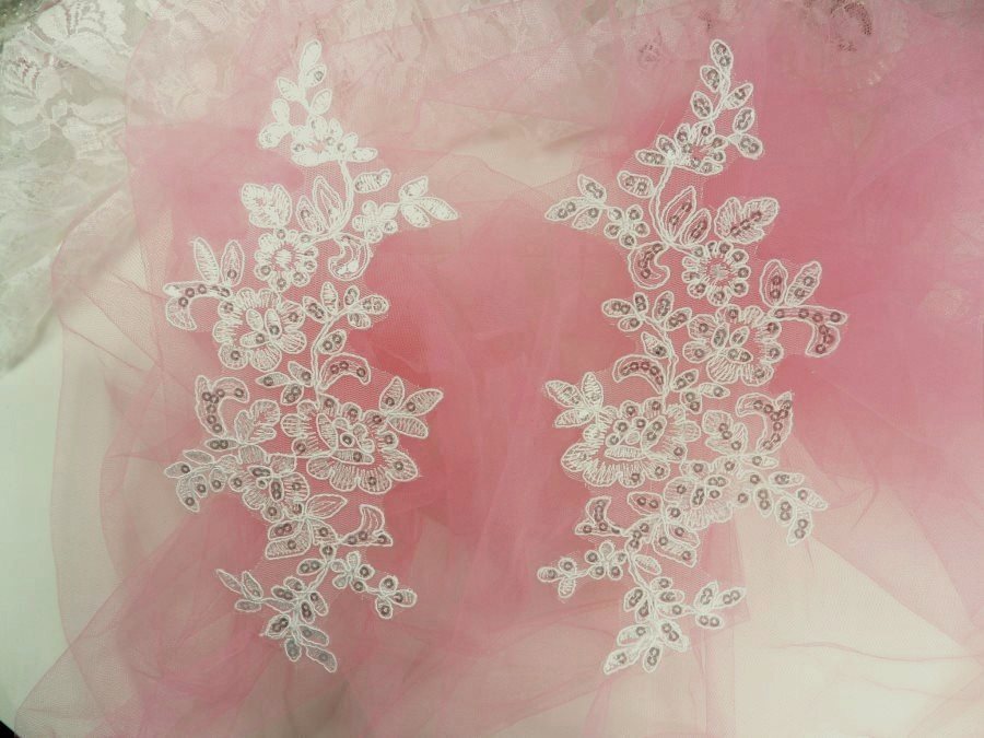 Sequin Embroidered Venice Lace Appliques Off White Floral Venice Lace Mirror Pair 10 (DH156X)