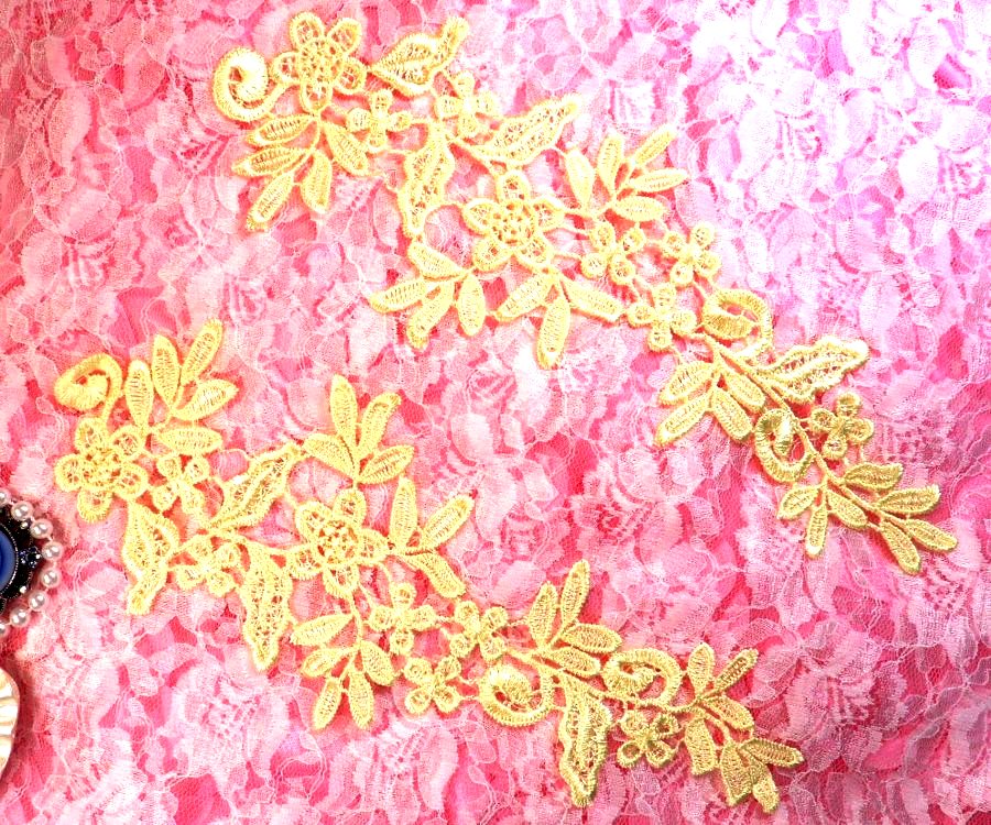 Embroidered Floral Lace Applique Mirror Pair Yellow Clothing Patch Craft Motif 10 (BL106X)