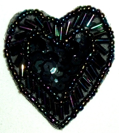 LC311  Black AB Heart Sequin Beaded Applique  1.75