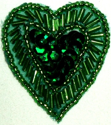 LC311  Green Heart Sequin Beaded Applique  1.75
