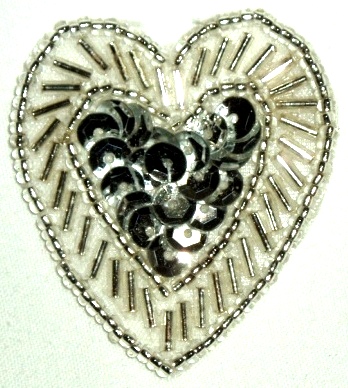 LC311  Silver Heart Sequin Beaded Applique  1.75