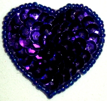 LC364  Purple Heart Sequin Beaded Applique  1.5