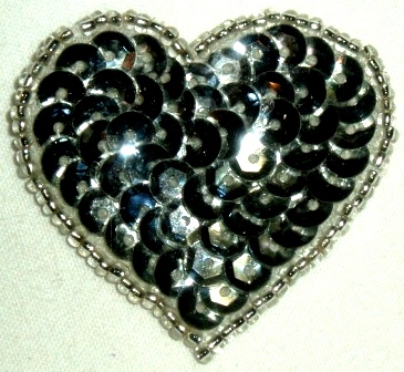 LC364  Silver Heart Sequin Beaded Applique  1.5