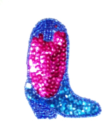 EA31  Fuchsia Blue Cowboy Boot Sequin Beaded Applique 6.5