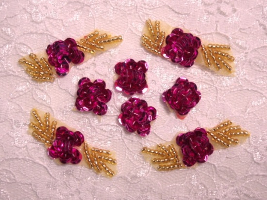 A0256   Set of 8 Fuchsia Flowers Sequin Beaded Appliques