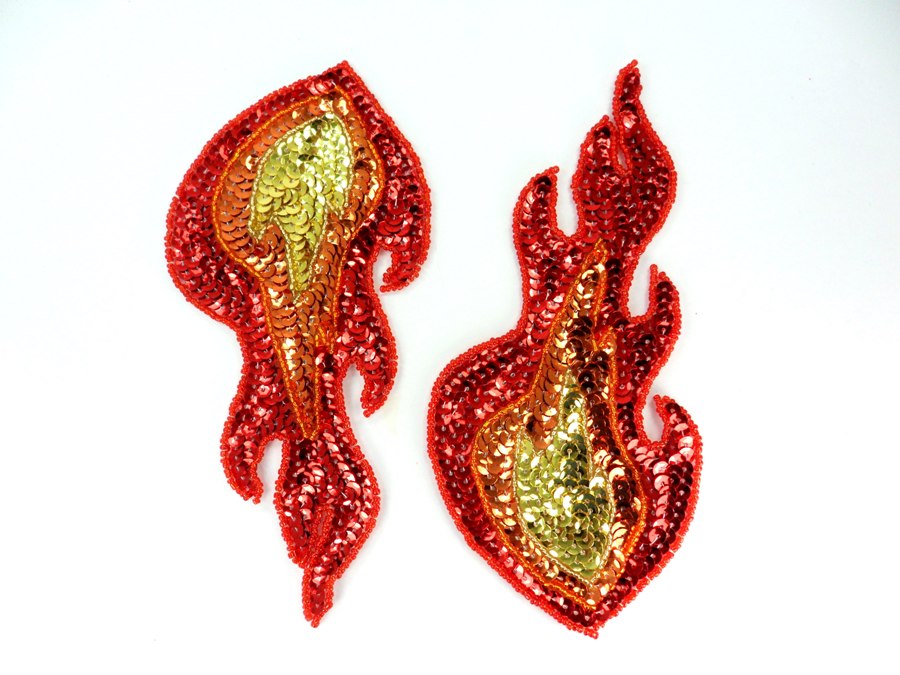 Flame Appliques Sequin Beaded Red Orange Gold MIRROR PAIR Pointed Iron on 7"  JB299X