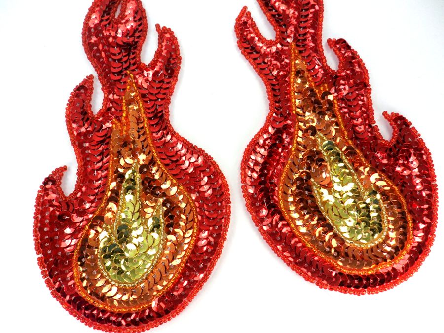 Flame Appliques Sequin Beaded Red Orange Gold MIRROR PAIR Rounded Iron on 7"  JB300X