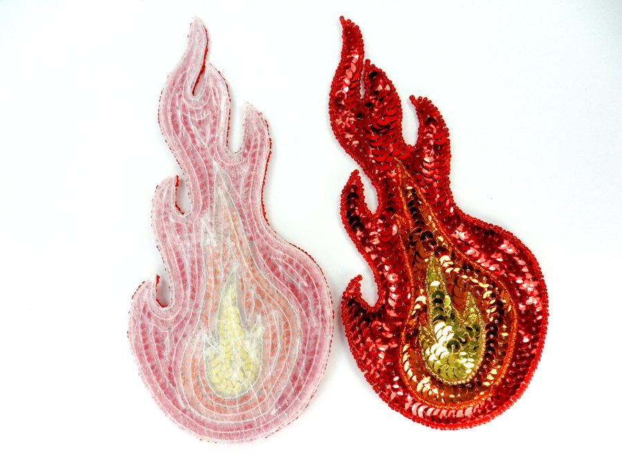 Flame Appliques Sequin Beaded Red Orange Gold MIRROR PAIR Rounded Iron on 7"  JB300X
