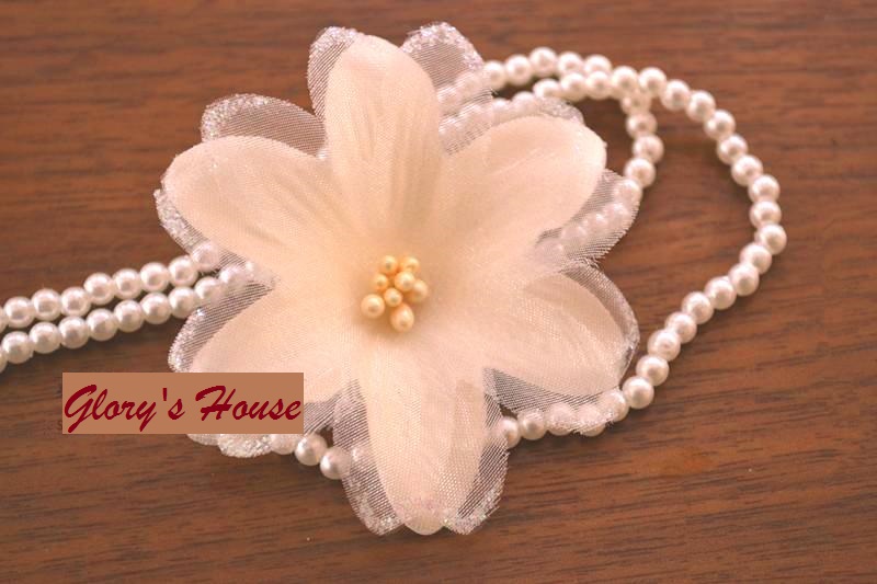 Organza Flower Applique 3D Sheer Champagne Glitter Beaded 2.5 (GB422)