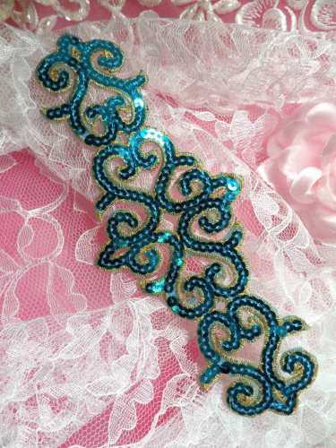 GB104 Turquoise Gold Sequin Applique Iron On Patch 8.5\