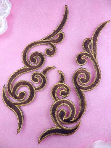 GB89 MIRROR PAIR Brown Gold Metallic Iron On Designer Embroidered Applique 6.75