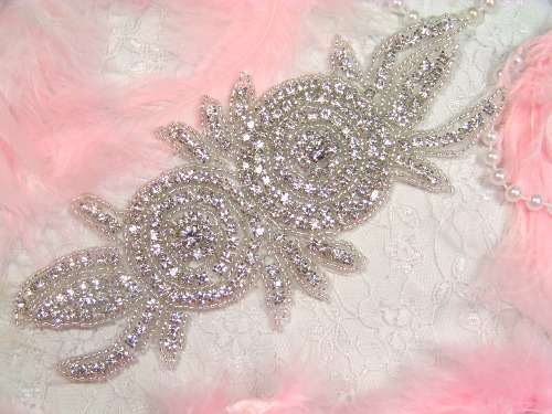 XR17 Catherine Rose Double Floral Glass Beaded Rhinestone Applique 7.25\