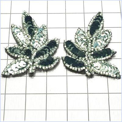 FS476S Leaf Appliques Sequin Black Silver Combo Mirror Pair Beaded Motif 2\