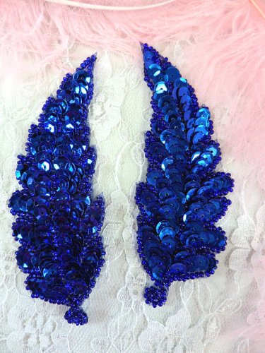 FS760  Royal Blue Leaf Mirror Pair Beaded Sequin Appliques 4