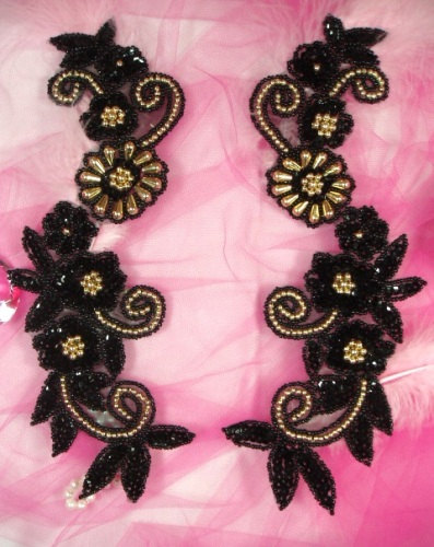 0183 Black Gold Mirror Pair Sequin Beaded Appliques
