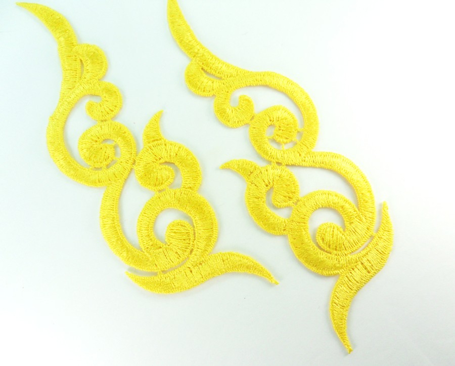 Embroidered Appliques Yellow Scroll Design Mirror Pair Motifs Patch 6.75" GB249X