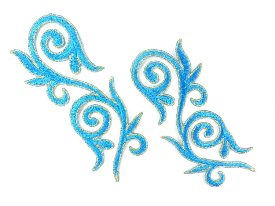 Embroidered Applique Mirror Pair Turquoise Gold Metallic Iron On Patch 5.25 GB120X