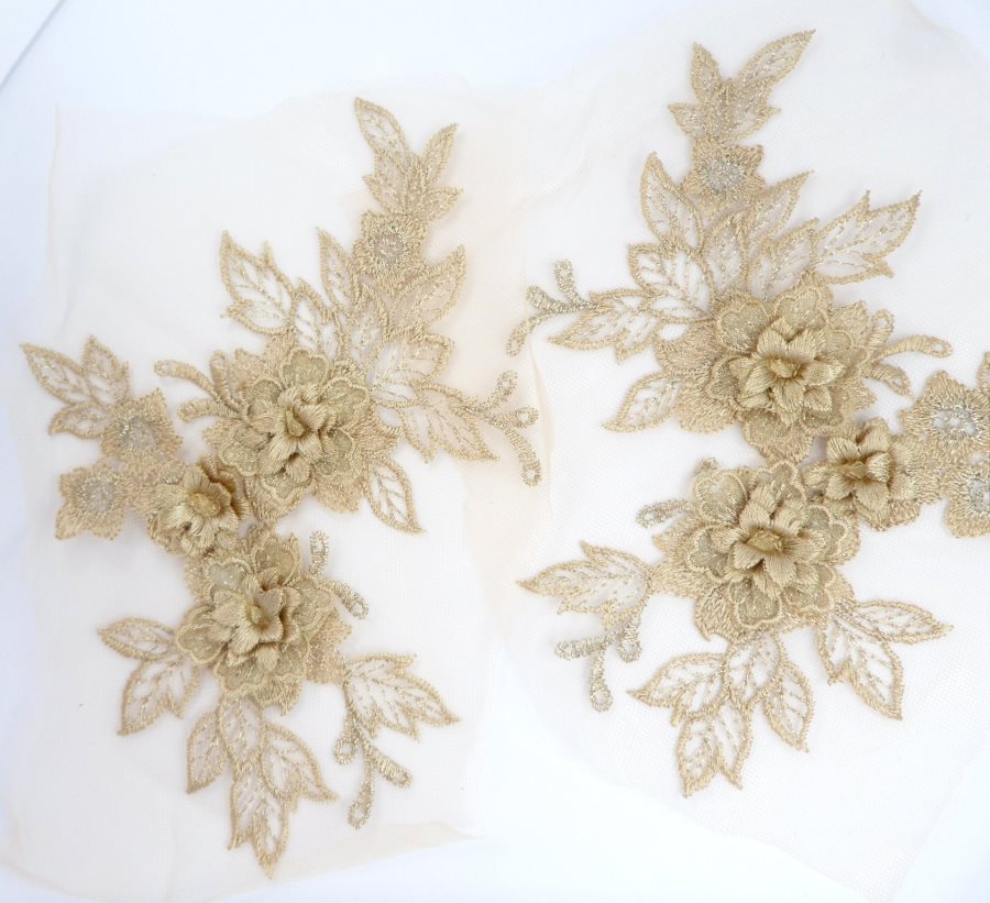3D Embroidered Lace Appliques Champagne Floral Venice Lace Mirror Pair 7.5  BL133X