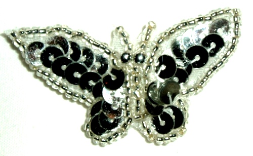 LC333  Silver Butterfly Sequin Beaded Applique 1.75