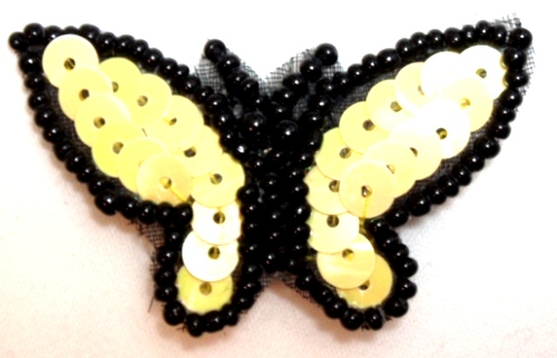 LC335 Black Yellow Butterfly Sequin Beaded Applique 1.75