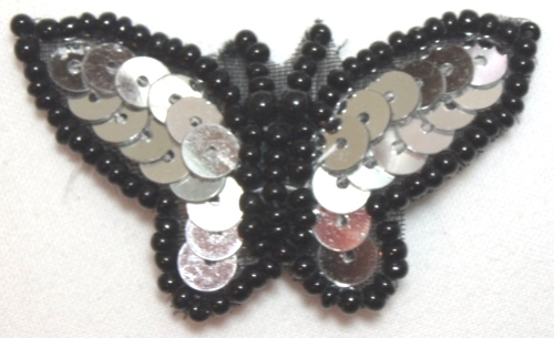 LC336 Silver Black Butterfly Sequin Beaded Applique 1.75