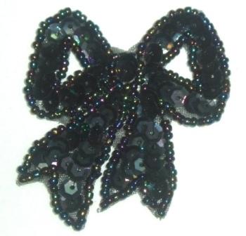 LC359  Black AB Bow Sequin Beaded Applique  2.25