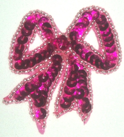 LC359  Fuchsia Silver Bow Sequin Beaded Applique  2.25