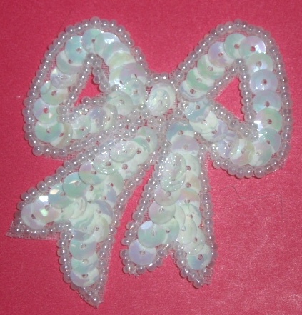 LC359  White AB Bow Sequin Beaded Applique  2.25