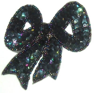 LC361  Black AB Bow Sequin Beaded Applique  3.25