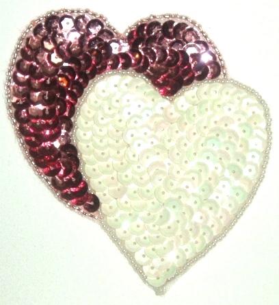 LC362 Mauve White Double Heart Sequin Beaded Applique  3.75