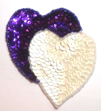 LC362 Purple White Double Heart Sequin Beaded Applique  3.75