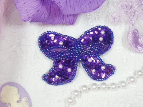 MA250 Purple Beaded Sequin Bow Brooch / Hair Bow / Applique 2